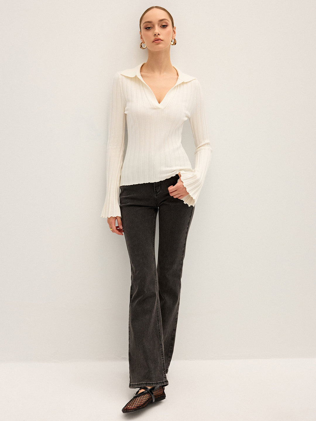 Flared Sleeve Collared Knit Top  Liora Lane Boutique Knit Tops
