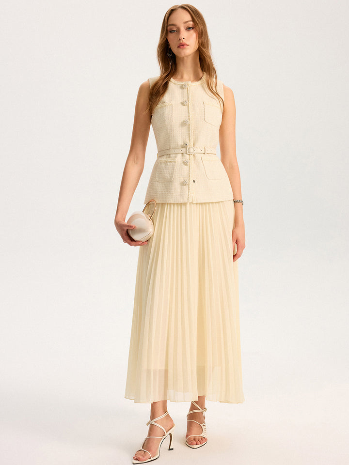 Tweed Sleeveless Vest and Pleated Maxi Skirt Set  Liora Lane Boutique Skirt Sets