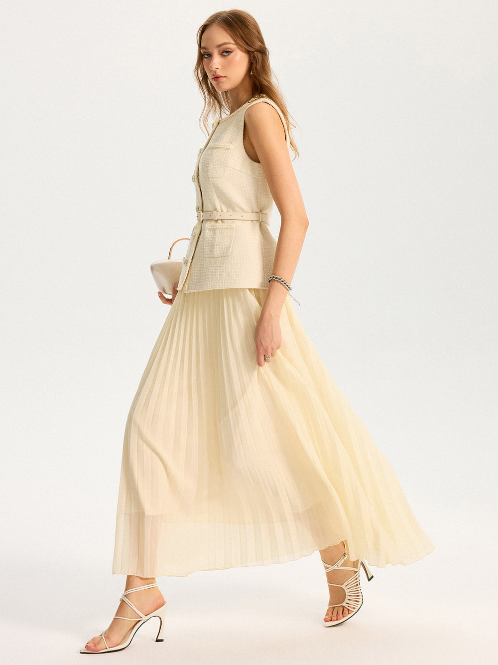 Tweed Sleeveless Vest and Pleated Maxi Skirt Set  Liora Lane Boutique Skirt Sets
