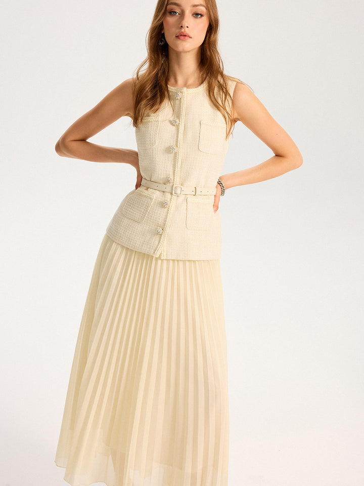 Tweed Sleeveless Vest and Pleated Maxi Skirt Set  Liora Lane Boutique Skirt Sets Off-White / XL 104.00