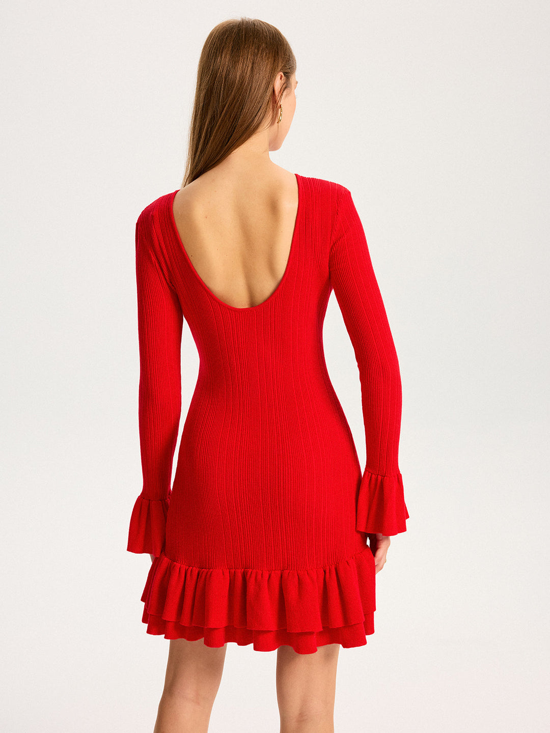 Wool Blend Knit Ruffled Flared Sleeve Mini Dress  Liora Lane Boutique Dresses Red / XL 56.00