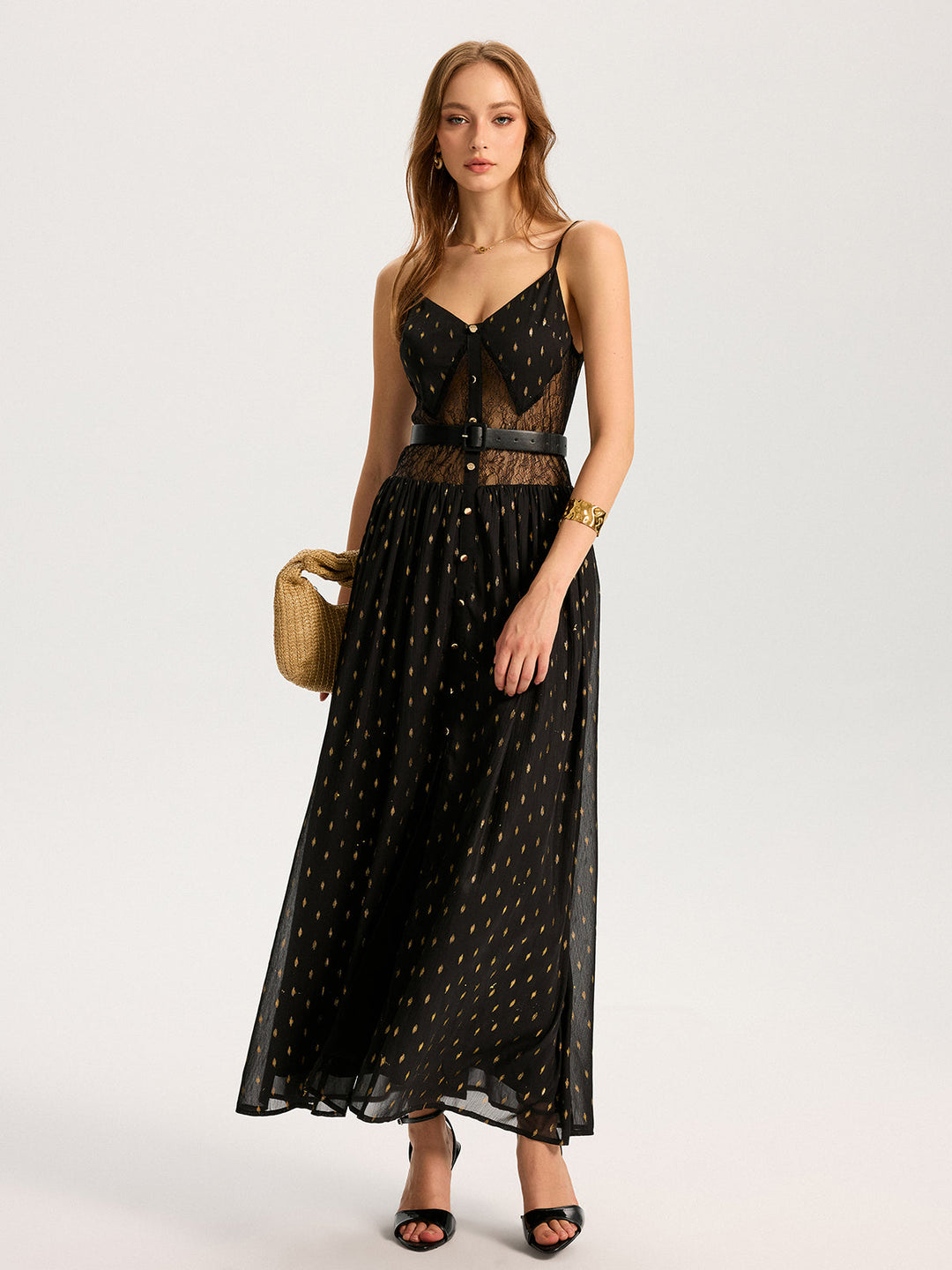 Semi-Sheer Lace Panel Slit Maxi Dress with Belt  Liora Lane Boutique Dresses Black / XL 58.00