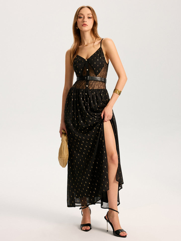Semi-Sheer Lace Panel Slit Maxi Dress with Belt  Liora Lane Boutique Dresses