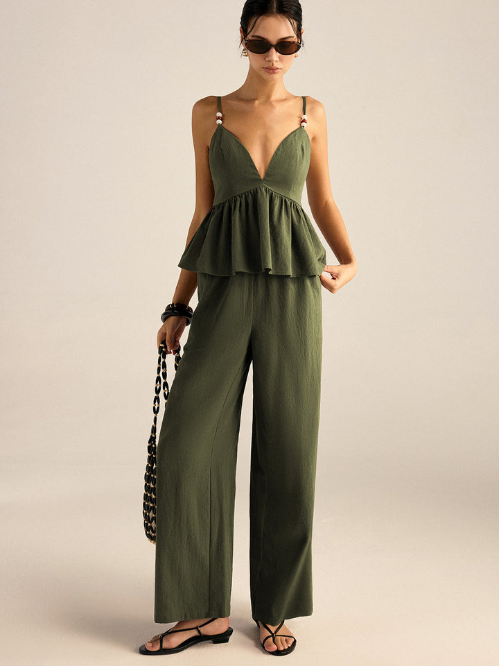 Cotton Peplum Beaded Straps Top and Pants Set  Liora Lane Boutique Pant Sets Green / XL 134.99