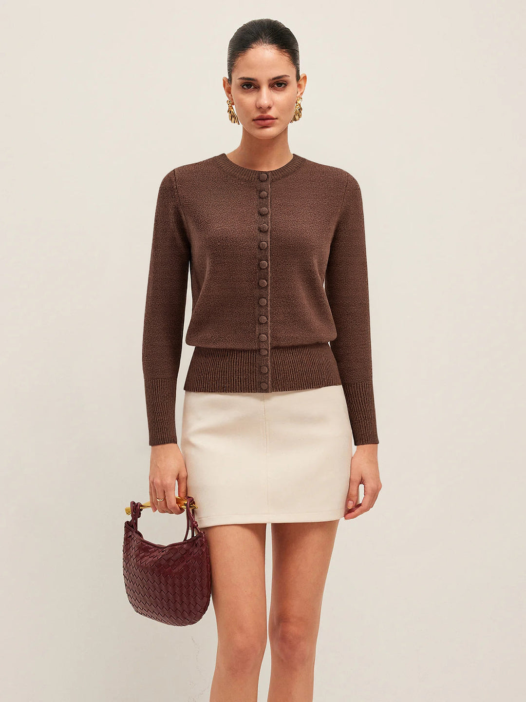 Crew Neck Button-Front Knit Cardigan  Liora Lane Boutique Cardigans Dark Brown / XL 48.00