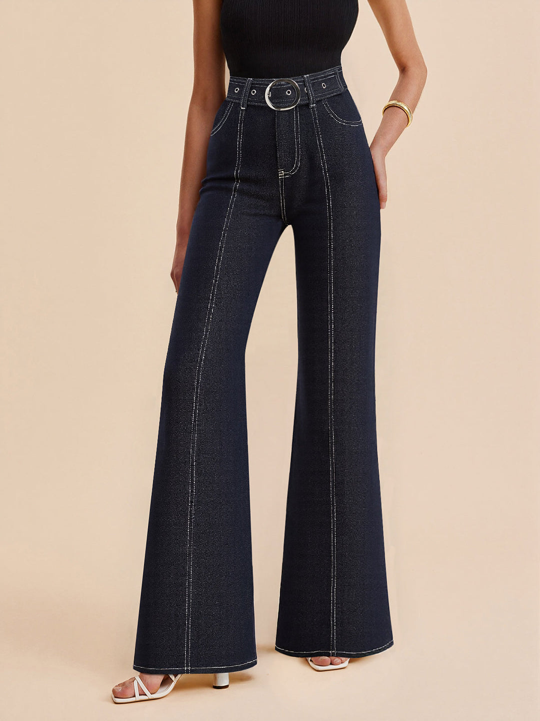 Denim Contrast-Stitch Pants with Belt  Liora Lane Boutique Jeans Navy / XL 56.00