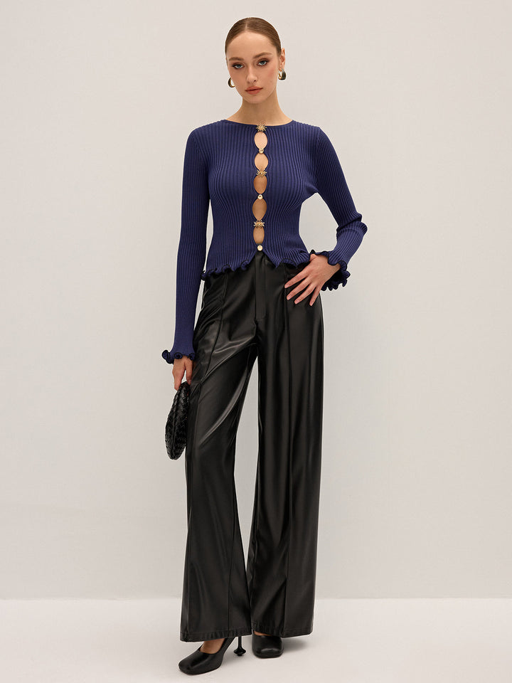 Metal Detail Cut-Out Ribbed Knit Top  Liora Lane Boutique Knit Tops