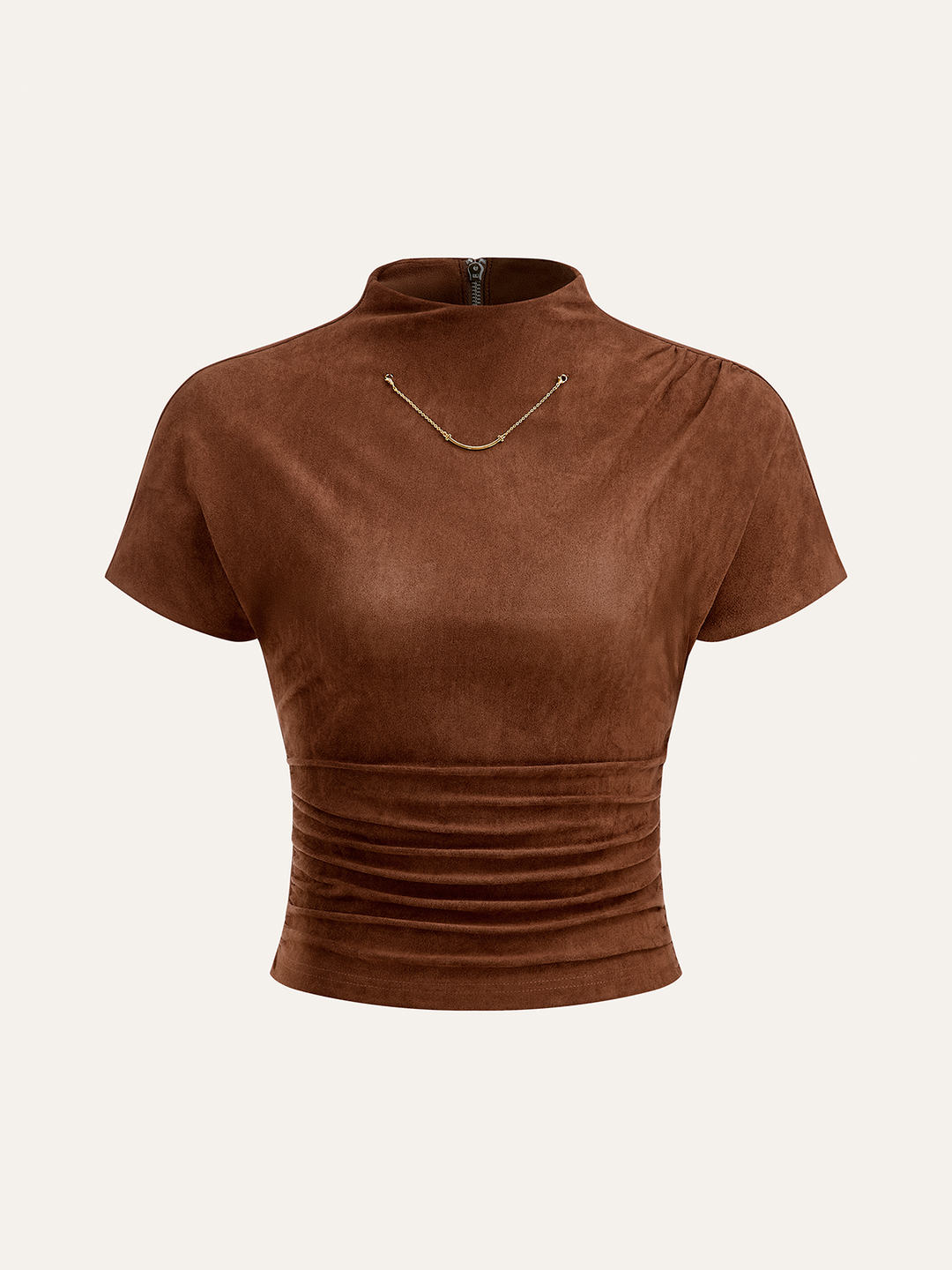 Suede Back Zip Ruched Short-Sleeve Top  Liora Lane Boutique T-Shirts Brown / XL 36.00