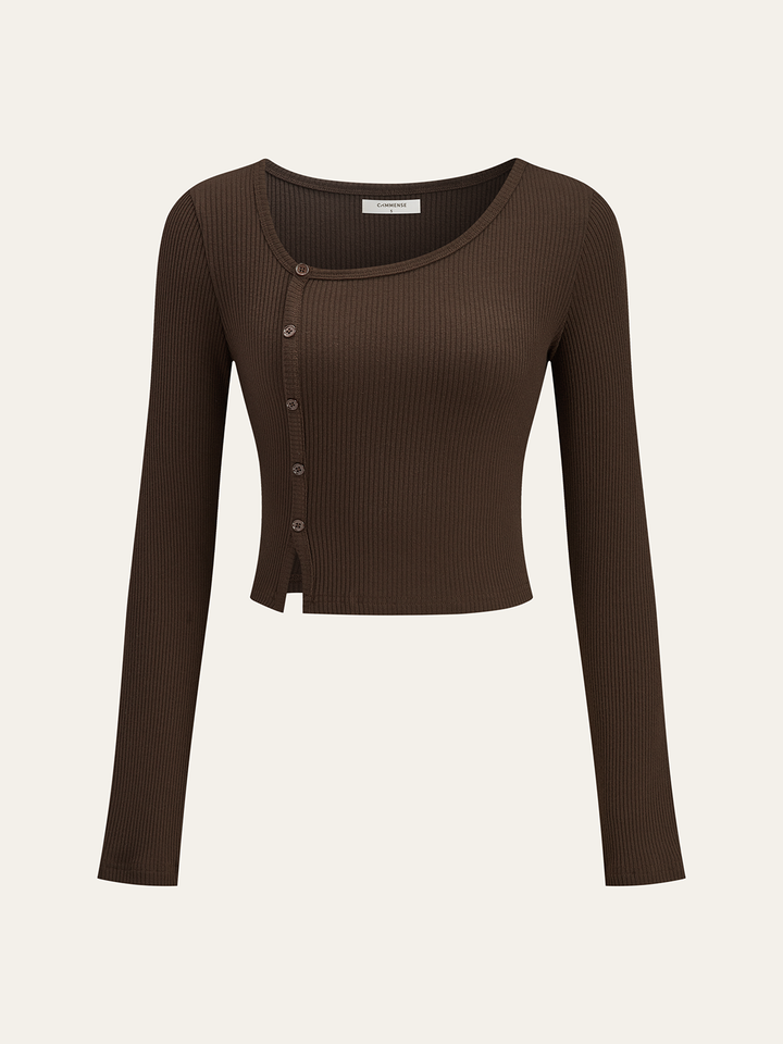 Asymmetric Button Detail Ribbed T-Shirt  Liora Lane Boutique T-Shirts