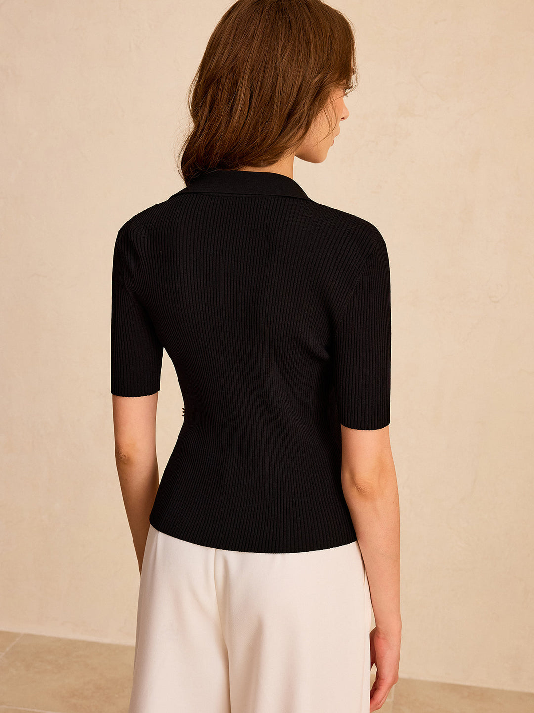 Asymmetric Metal Button Ribbed Knit Polo Top  Liora Lane Boutique Knit Tops