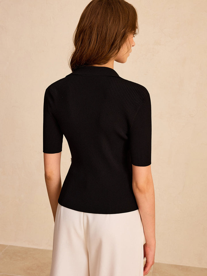 Asymmetric Metal Button Ribbed Knit Polo Top  Liora Lane Boutique Knit Tops
