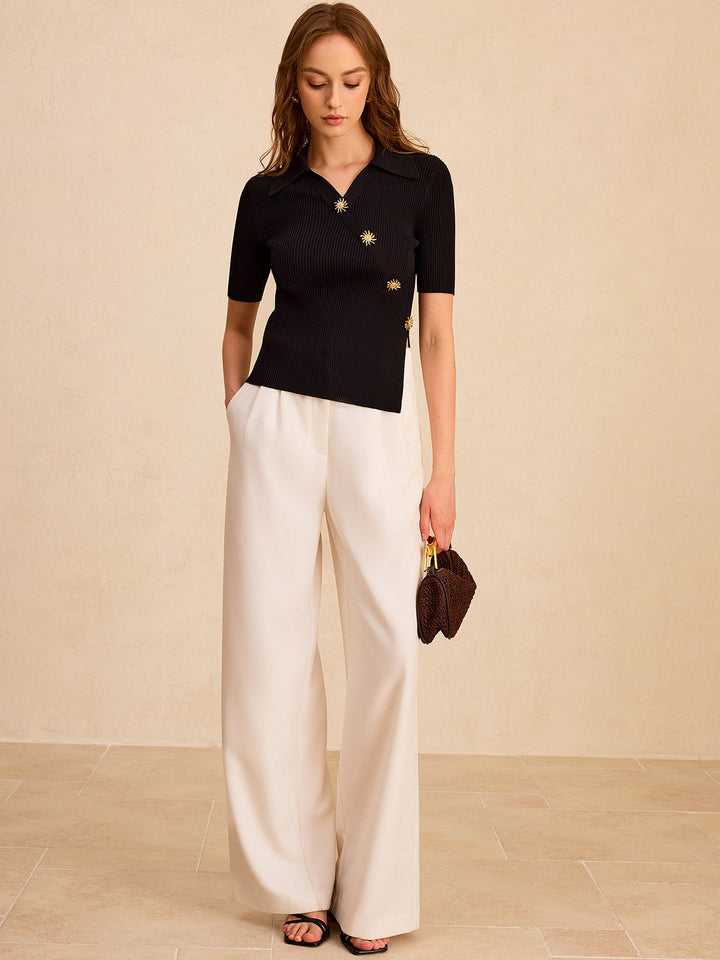 Asymmetric Metal Button Ribbed Knit Polo Top  Liora Lane Boutique Knit Tops