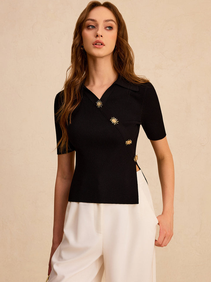 Asymmetric Metal Button Ribbed Knit Polo Top  Liora Lane Boutique Knit Tops
