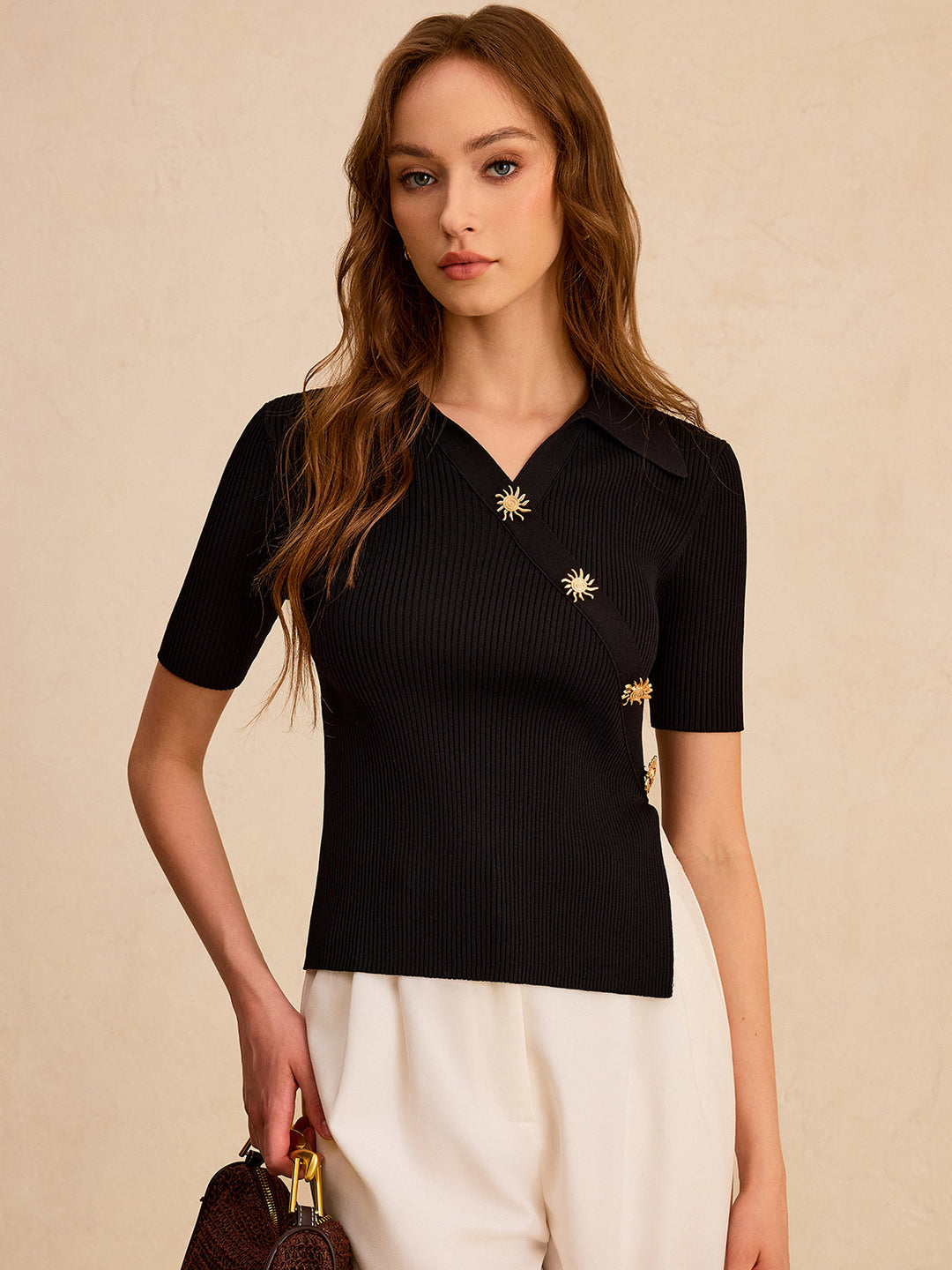 Asymmetric Metal Button Ribbed Knit Polo Top  Liora Lane Boutique Knit Tops Black / XL 48.00