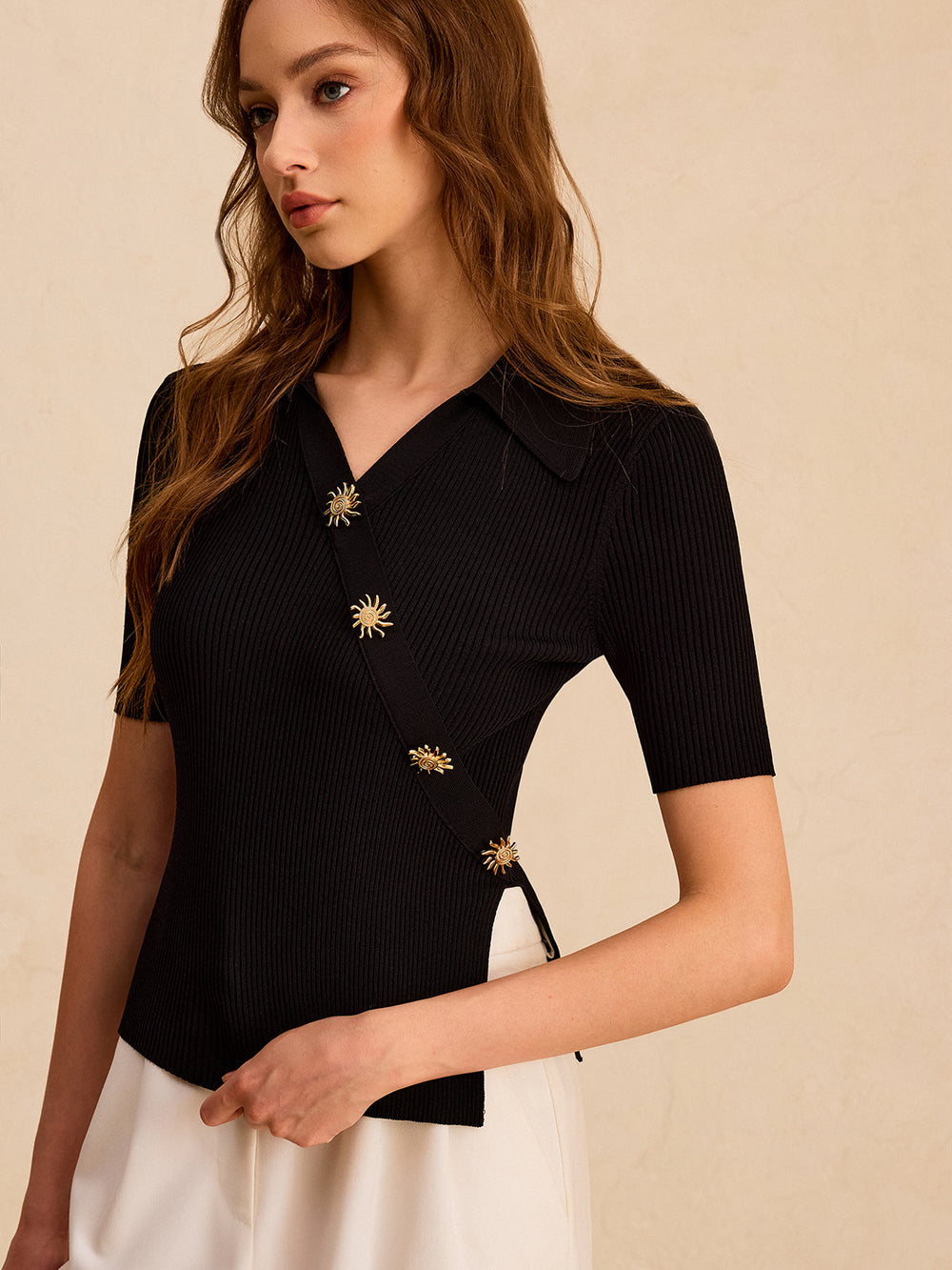 Asymmetric Metal Button Ribbed Knit Polo Top  Liora Lane Boutique Knit Tops