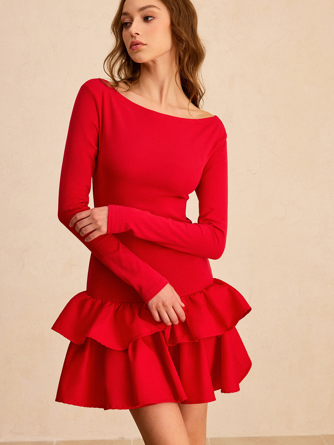 Long Sleeve Tiered Ruffle Mini Dress  Liora Lane Boutique Dresses Red / XL 52.00