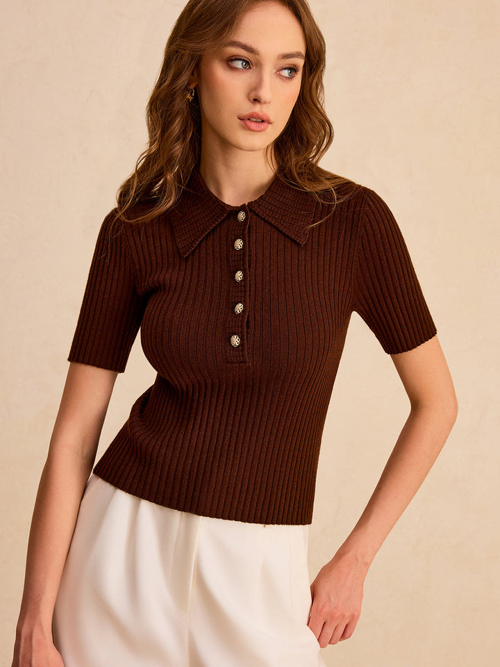 Metal Button Ribbed Knit Polo Top  Liora Lane Boutique Knit Tops