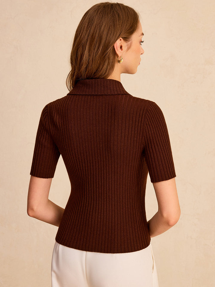 Metal Button Ribbed Knit Polo Top  Liora Lane Boutique Knit Tops