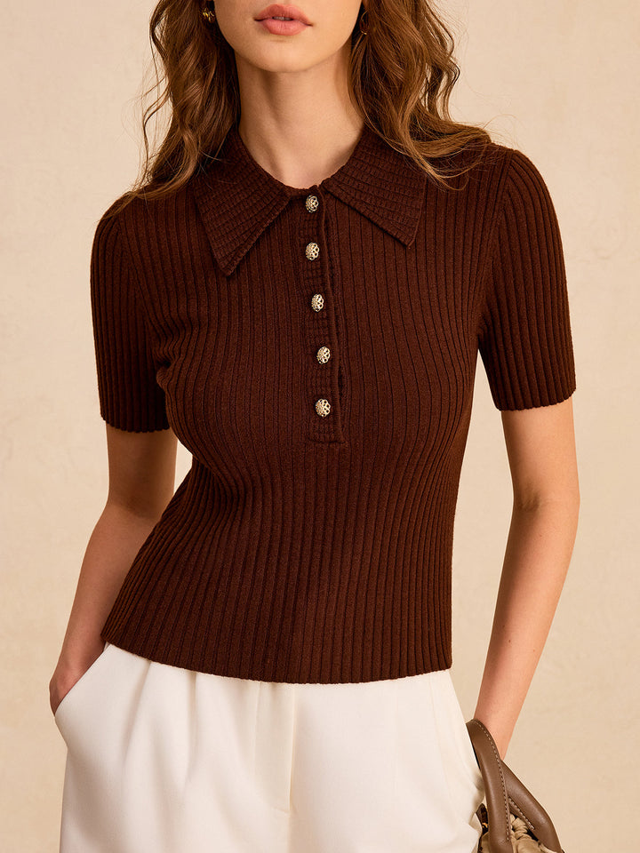 Metal Button Ribbed Knit Polo Top  Liora Lane Boutique Knit Tops Brown / XL 34.00