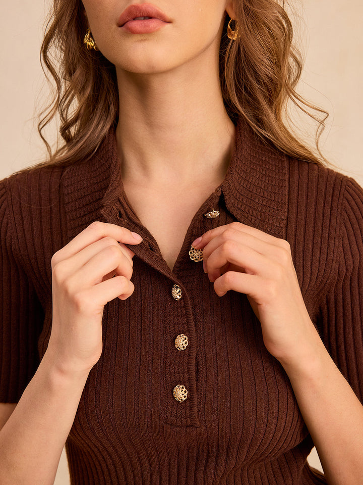 Metal Button Ribbed Knit Polo Top  Liora Lane Boutique Knit Tops