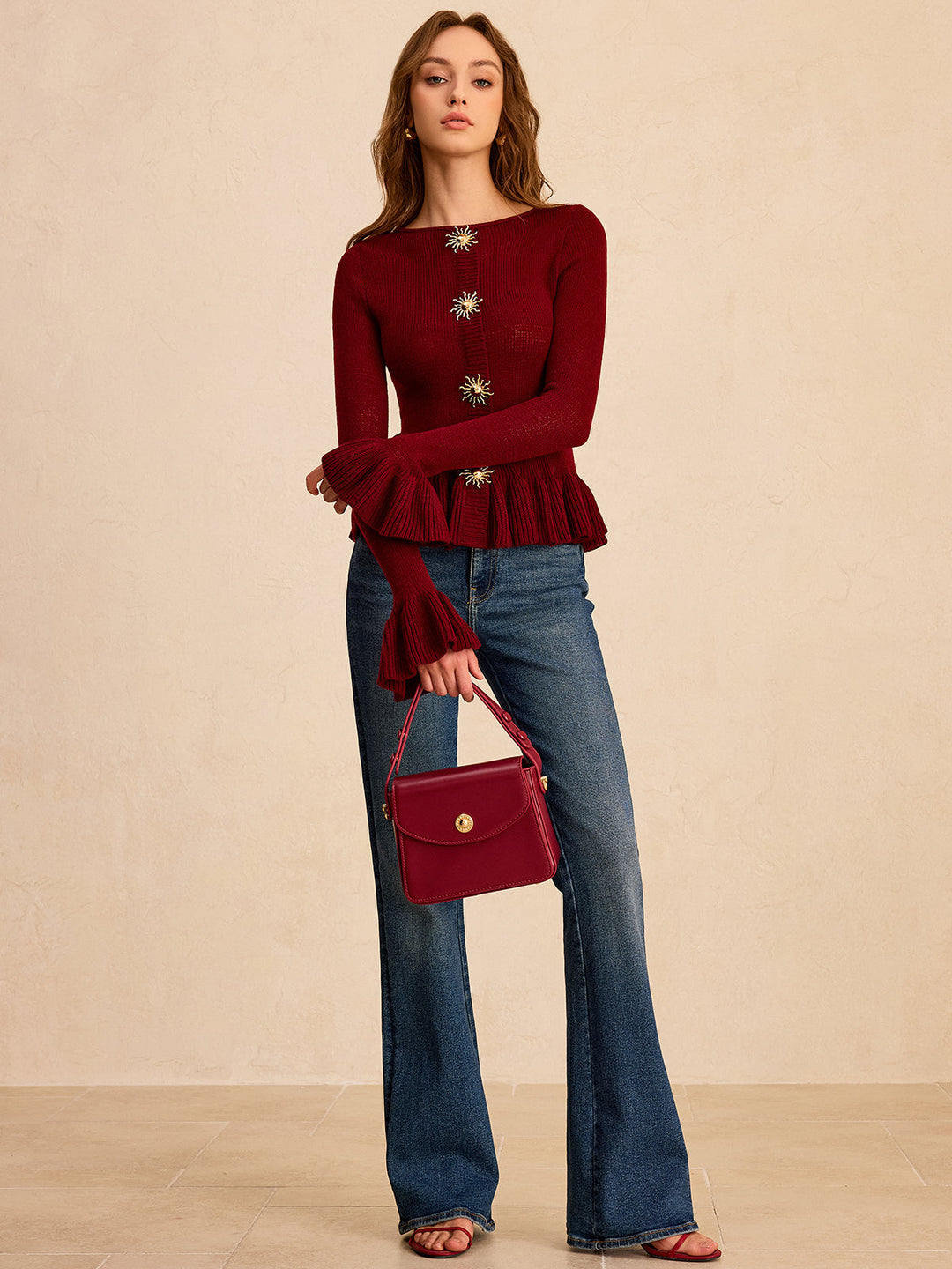 Metal Detail Ruffled Hem Knit Top  Liora Lane Boutique Knit Tops