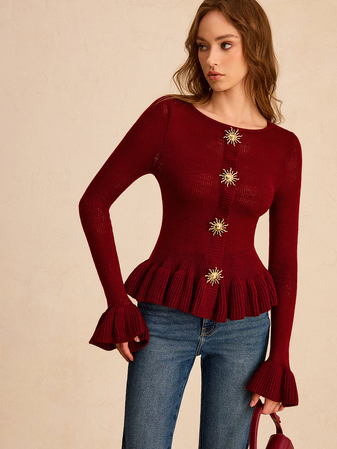 Metal Detail Ruffled Hem Knit Top  Liora Lane Boutique Knit Tops