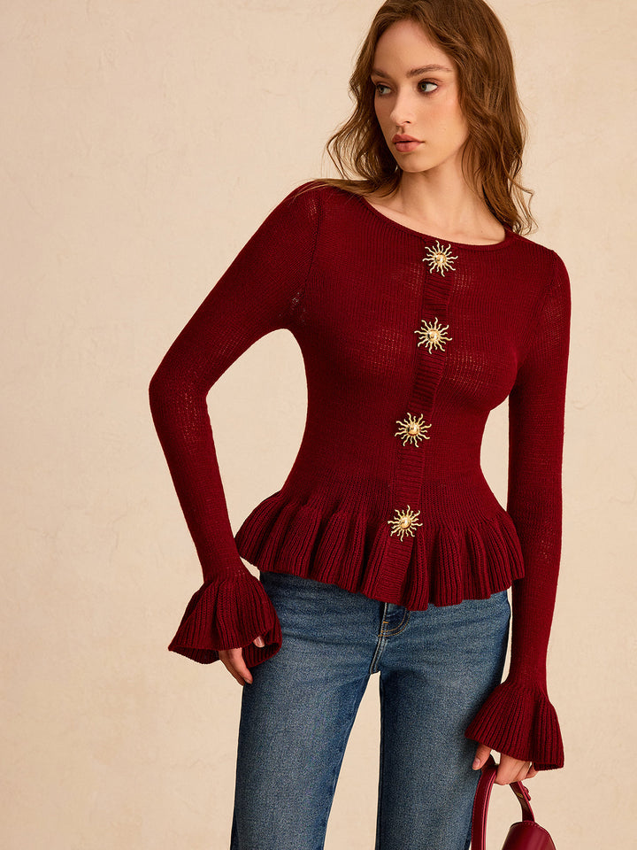 Metal Detail Ruffled Hem Knit Top  Liora Lane Boutique Knit Tops