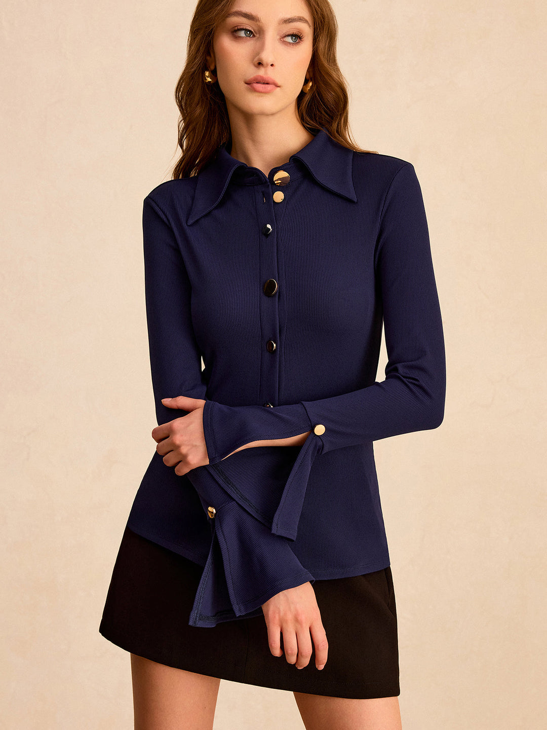 Orbit Button-front Shirt with Flared Sleeve  Liora Lane Boutique T-Shirts Navy / XL 32.00