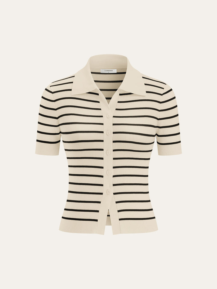 Striped Short-Sleeve Polo Collar Knit Cardigan  Liora Lane Boutique Cardigans White / XL 84.99