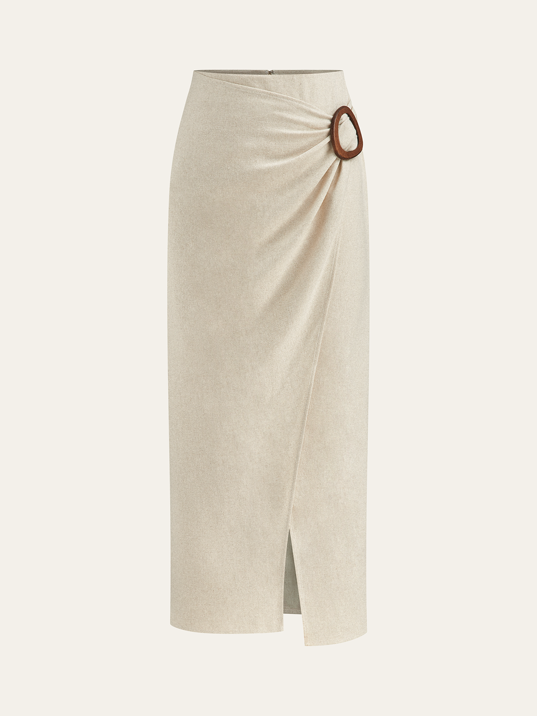 Linen Blend Wrap Midi Skirt with Wooden Buckle  Liora Lane Boutique Skirt Sets Beige / XL 36.00