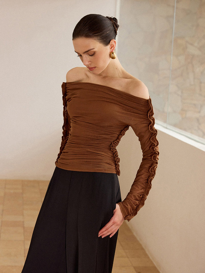 Off-Shoulder Ruched Top with Ruffled Sleeves  Liora Lane Boutique T-Shirts