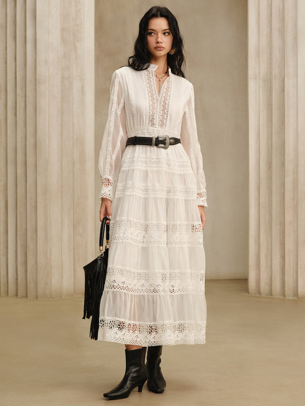 Semi-Sheer Lace Panel Maxi Dress without Belt  Liora Lane Boutique Dresses