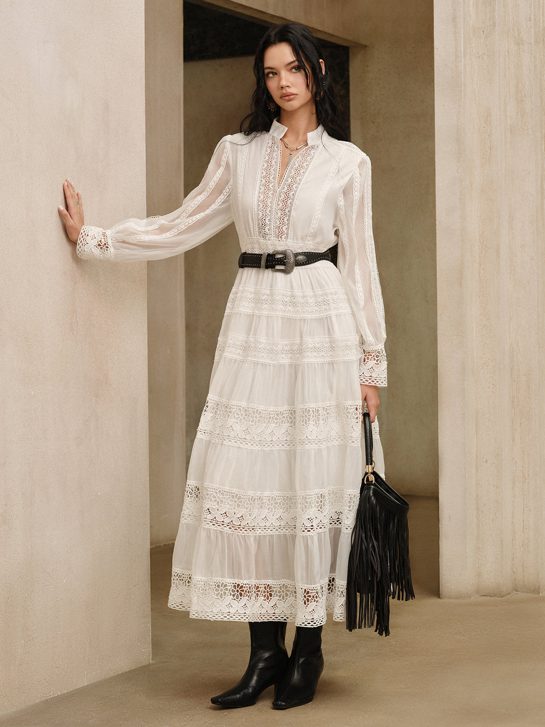 Semi-Sheer Lace Panel Maxi Dress without Belt  Liora Lane Boutique Dresses White / XL 109.00