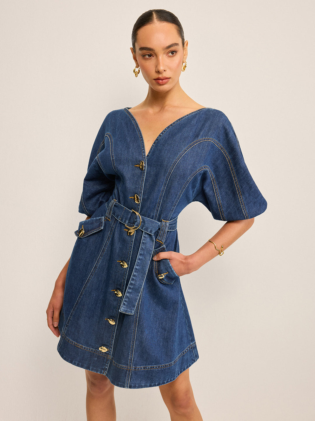 Pocketed Belted Denim Dress  Liora Lane Boutique Dresses
