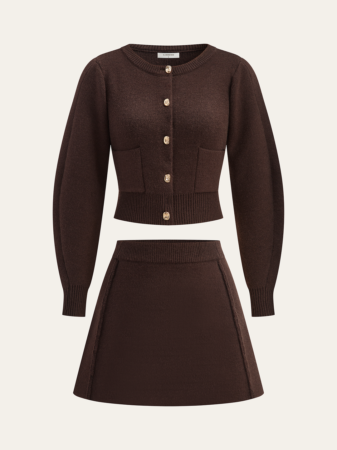 Lamb Sleeve Metal Button Knit Top and Skirt Set  Liora Lane Boutique Sweater Co-ords Dark Brown / XL 78.00