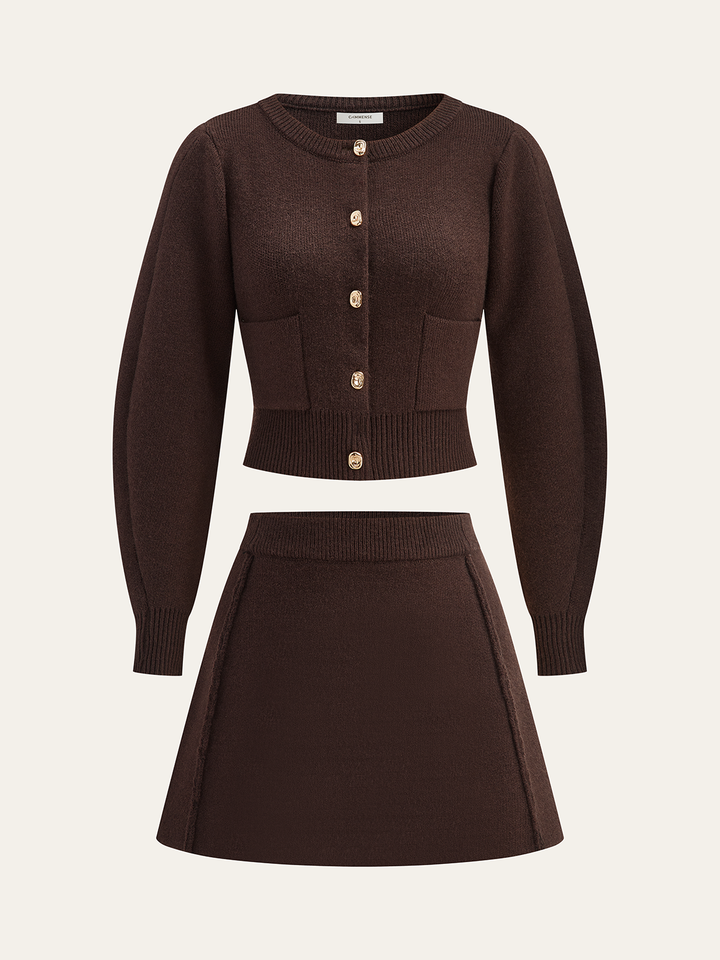 Lamb Sleeve Metal Button Knit Top and Skirt Set  Liora Lane Boutique Sweater Co-ords Dark Brown / XL 78.00