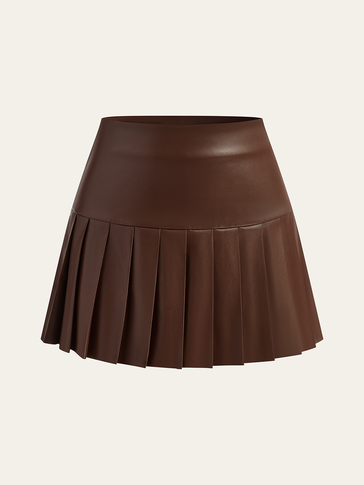 Faux Leather High-Waist Pleated Mini Skirt  Liora Lane Boutique Skirts Dark Brown / XL 32.00