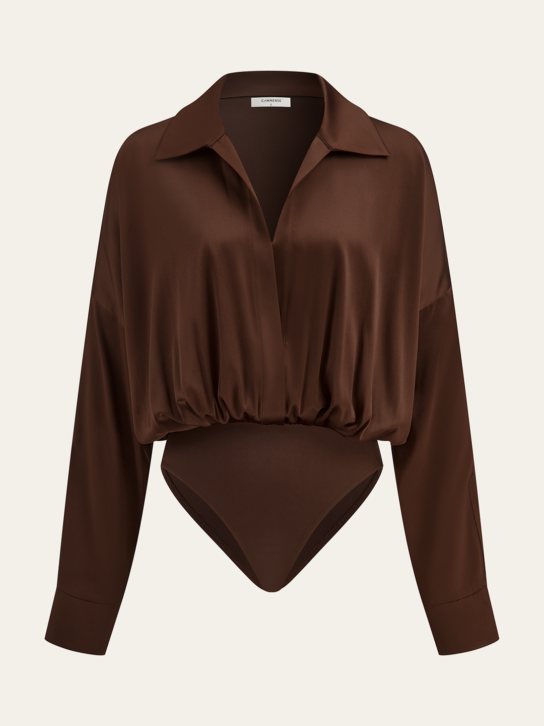 Satin Collared Long Sleeve Bodysuit  Liora Lane Boutique Bodysuits Dark Brown / XL 35.00