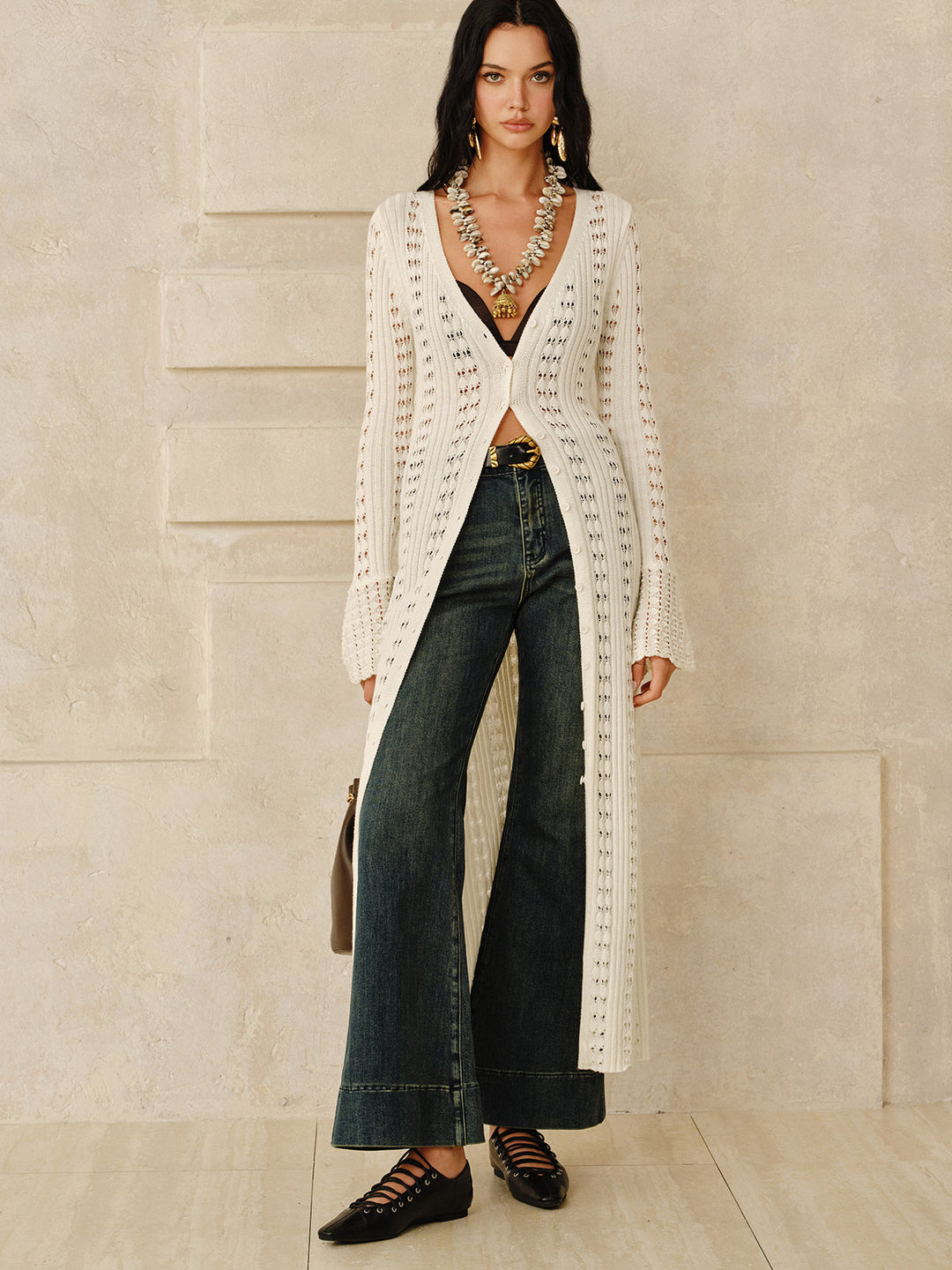 Longline Button Open-Knit Outerwear  Liora Lane Boutique Knit Outerwear Off-White / XL 125.99