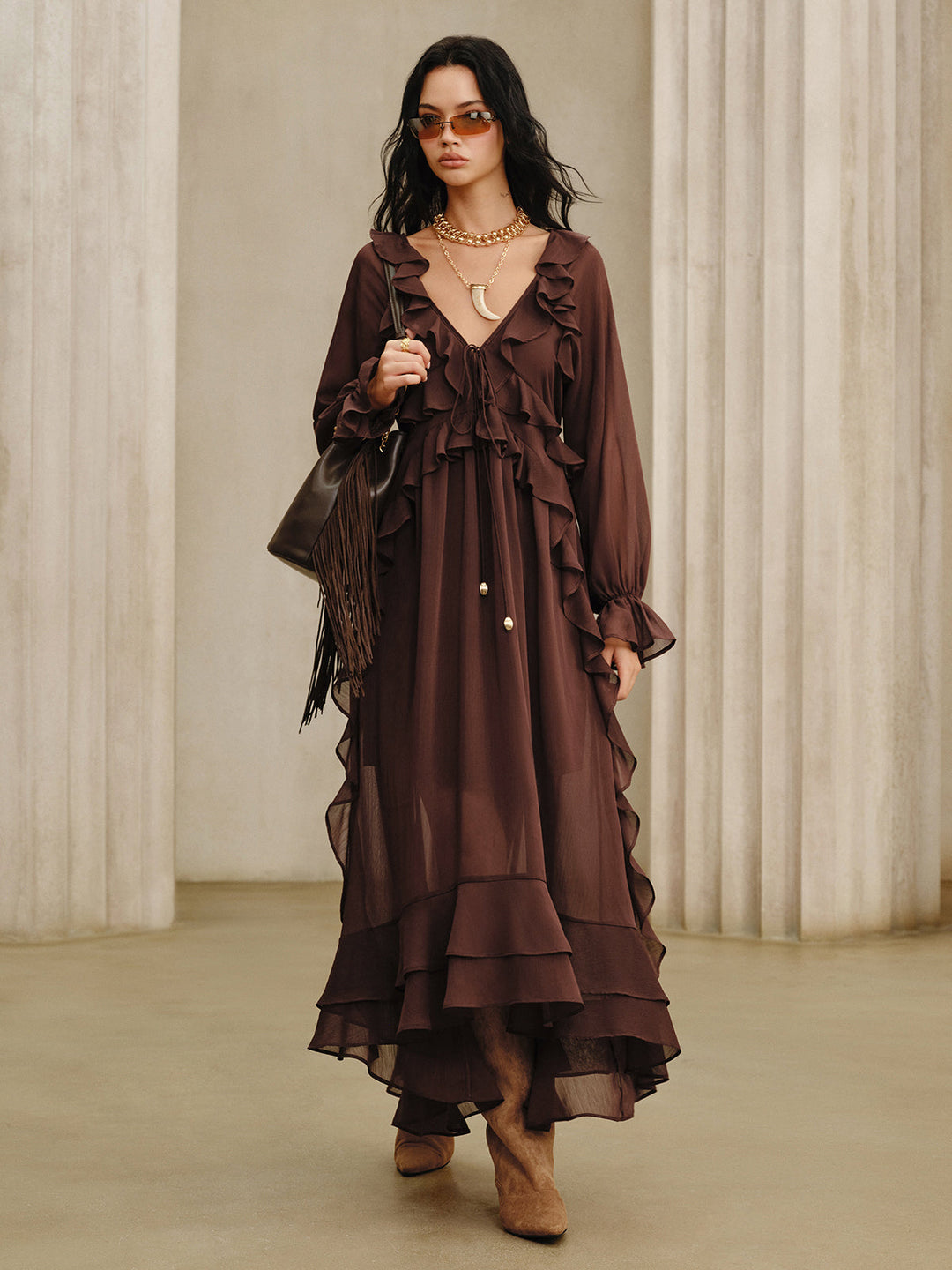 Ruffled Chiffon Maxi Dress Set with Cami Dress Liner  Liora Lane Boutique Skirt Sets Burgundy / XL 69.99