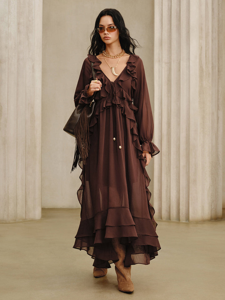 Ruffled Chiffon Maxi Dress Set with Cami Dress Liner  Liora Lane Boutique Skirt Sets Burgundy / XL 69.99