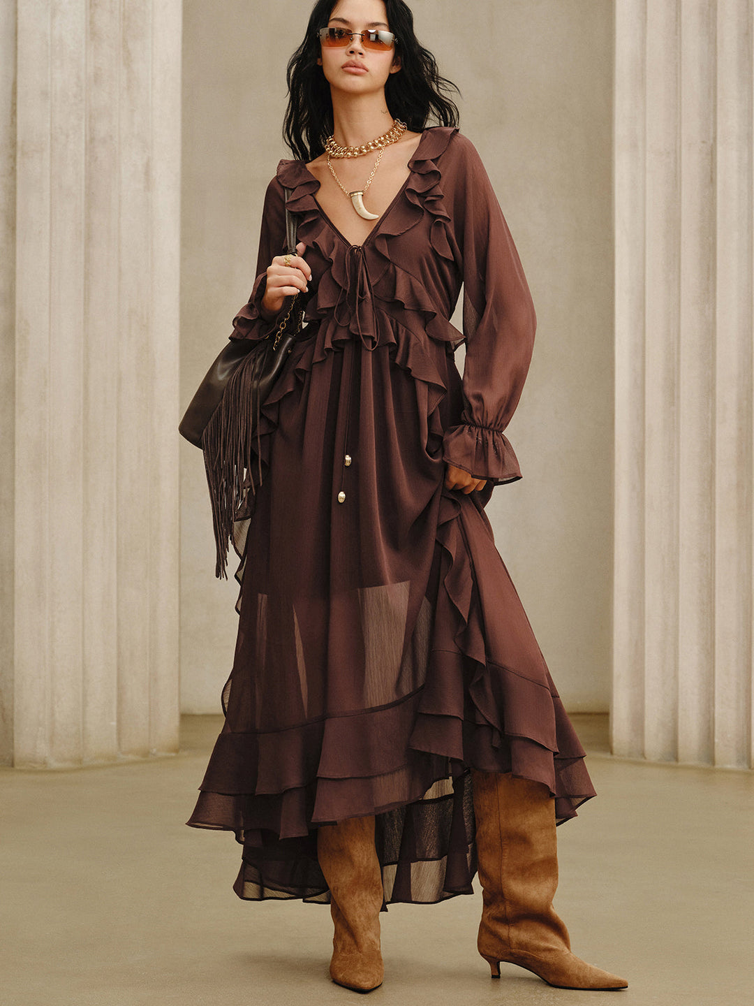 Ruffled Chiffon Maxi Dress Set with Cami Dress Liner  Liora Lane Boutique Skirt Sets