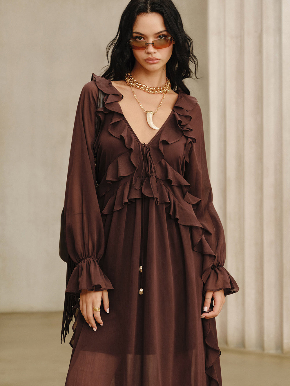 Ruffled Chiffon Maxi Dress Set with Cami Dress Liner  Liora Lane Boutique Skirt Sets