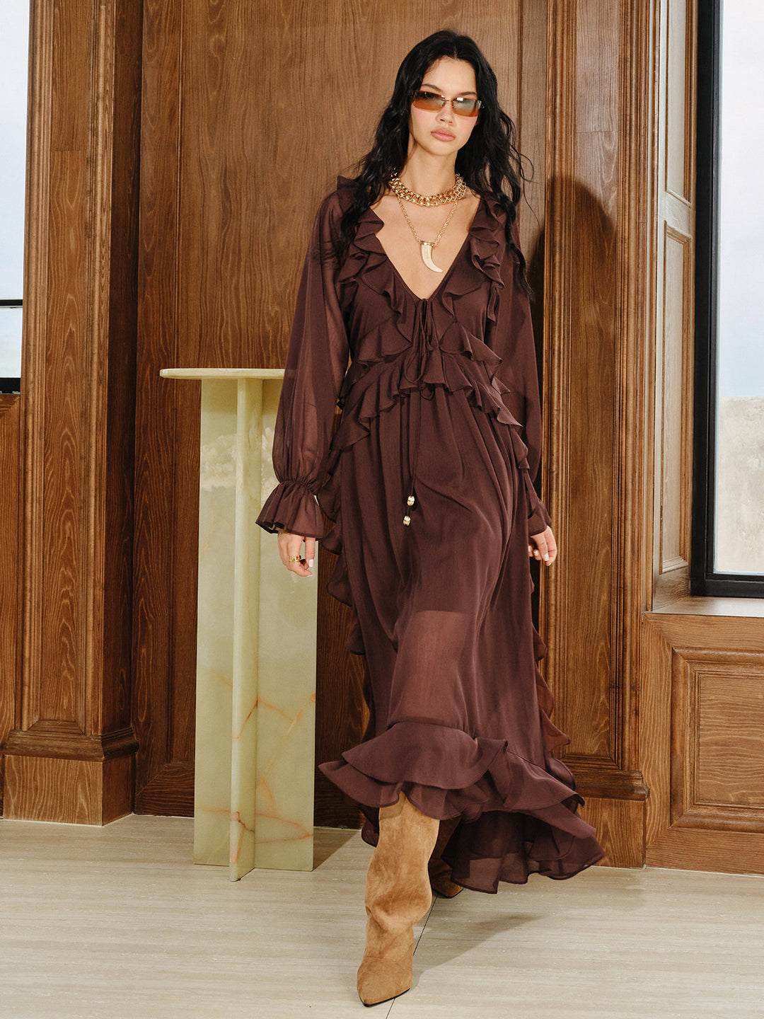 Ruffled Chiffon Maxi Dress Set with Cami Dress Liner  Liora Lane Boutique Skirt Sets