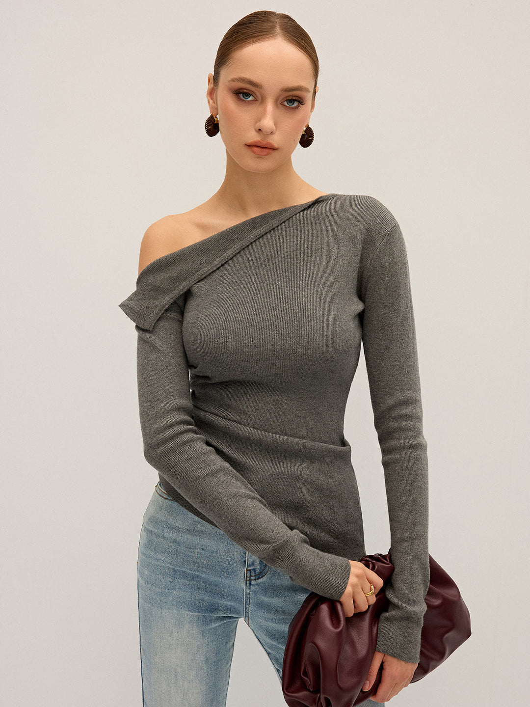 One Shoulder Ribbed Knit Top  Liora Lane Boutique Knit Tops Grey / XL 32.00