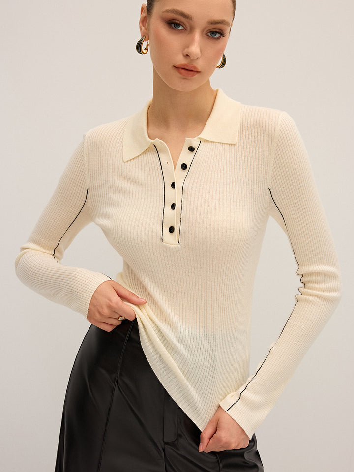 Wool Blend Ribbed Polo Knit Top  Liora Lane Boutique Knit Tops