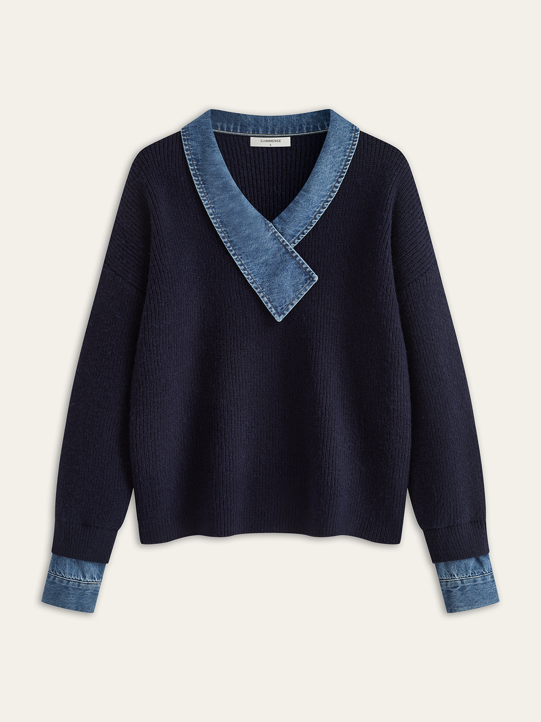 Denim Panel Asymmetric V-Neck Knit Top  Liora Lane Boutique Knit Tops Navy / XL 66.00