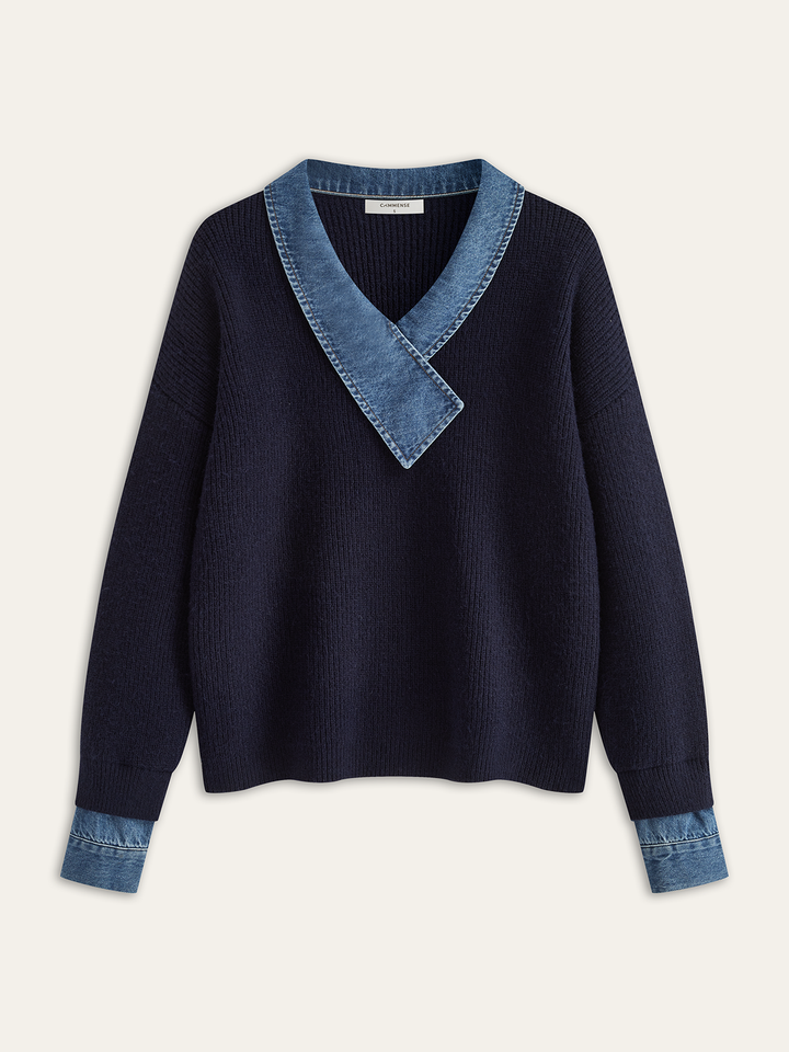 Denim Panel Asymmetric V-Neck Knit Top  Liora Lane Boutique Knit Tops Navy / XL 66.00