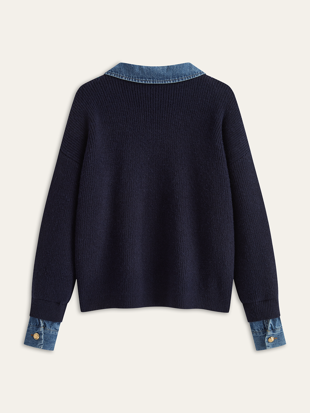 Denim Panel Asymmetric V-Neck Knit Top  Liora Lane Boutique Knit Tops