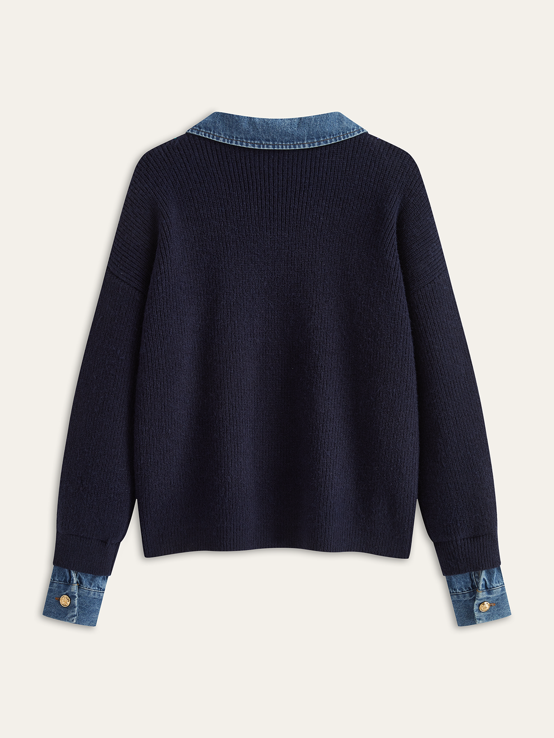 Denim Panel Asymmetric V-Neck Knit Top  Liora Lane Boutique Knit Tops